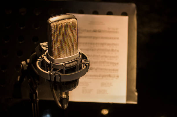 istock Retro microphone on stage a background of musical note 855725520