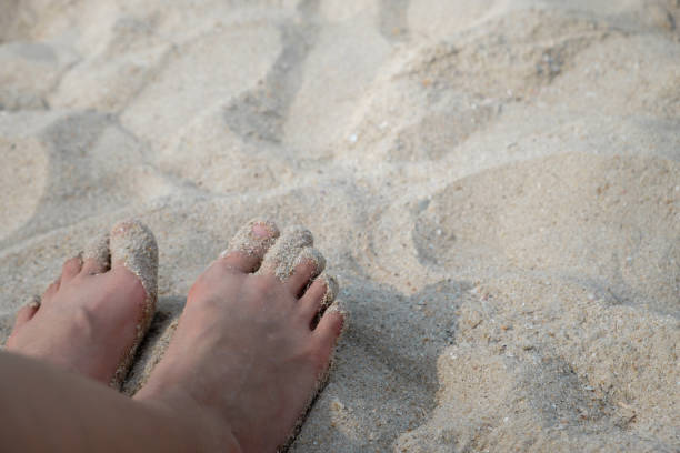 istock Tanned legs on sand beach 855729428