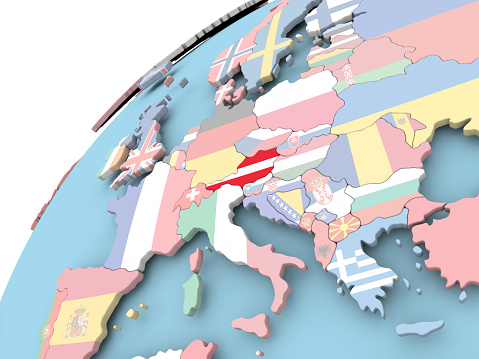 Map of Austria on political globe with embedded flag. 3D illustration. 3D model of planet created and rendered in Cheetah3D software, 29 Sep 2017.