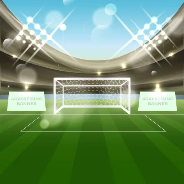 Vector illustration of Football stadium vector background with soccer goal net, grass and advertising banner. Tribune, spotlights and blue sky.