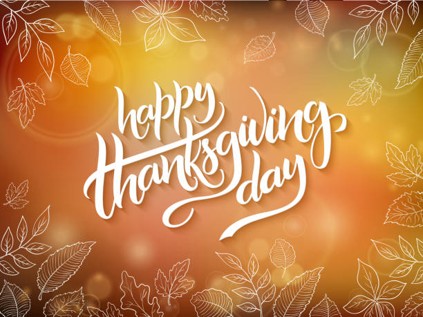 istock Vector thanksgiving greeting card with hand lettering label - happy thanksgiving day - and autumn doodle leaves on blurred background 855745092