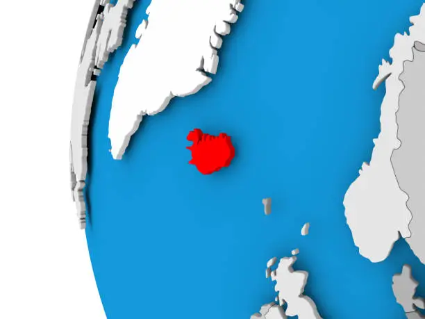 Iceland in red on political globe. 3D illustration. 3D model of planet created and rendered in Cheetah3D software, 29 Sep 2017.