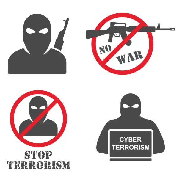 Vector illustration of Terrorism Armed Terrorist Black Mask Hold Weapon Machine Gun