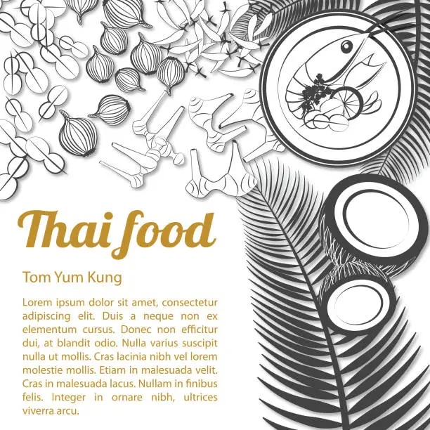 Vector illustration of Thai delicious and famous food.river prawn spicy soup tom tum kung and ingredient with isolated white background,black and white gray scale style