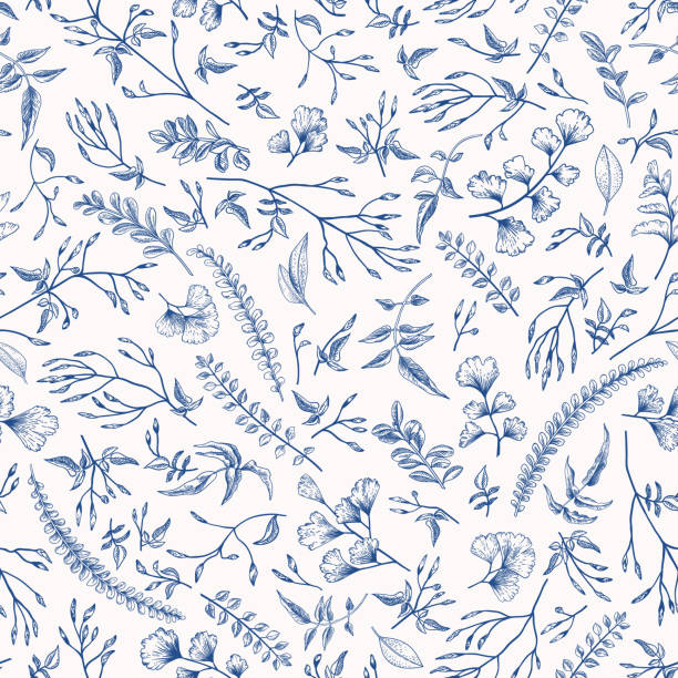 Floral seamless pattern with little plants. Seamless floral pattern in vintage style. Leaves and herbs in blue. Botanical illustration. Vector design elements. blue flowers stock illustrations