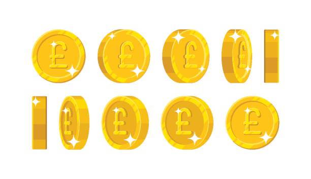 Gold pound views cartoon style isolated Gold pound views cartoon style isolated. The gold pound is at different angles around its axis for designers and illustrators. Rotation of a gold coin in the form of a vector illustration one pound coin stock illustrations