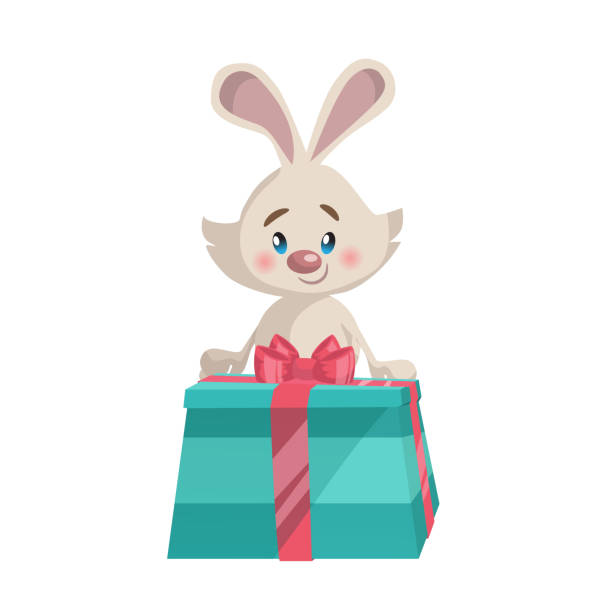 cartoon-trendigen stil niedlichen häschen-maskottchen mit großen grünen geschenk-box-symbol. einfachen farbverlauf vektor-illustration. - easter rabbit baby rabbit mascot stock-grafiken, -clipart, -cartoons und -symbole