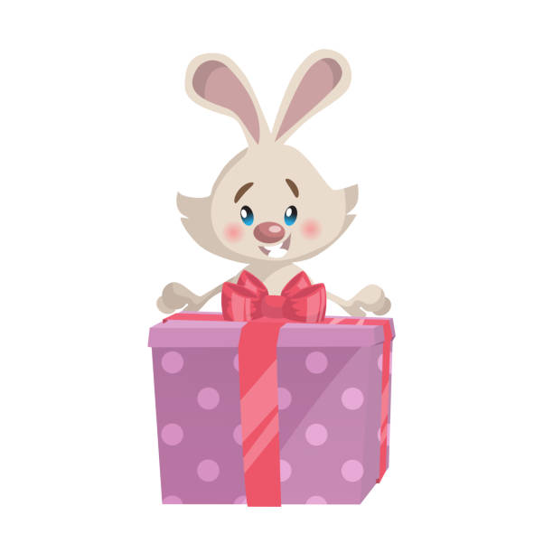 ilustrações, clipart, desenhos animados e ícones de mascote dos desenhos animados da moda estilo bonito rindo coelho com ícone de caixa de presente rosa grande. ilustração do vetor de gradiente simples. - easter rabbit baby rabbit mascot