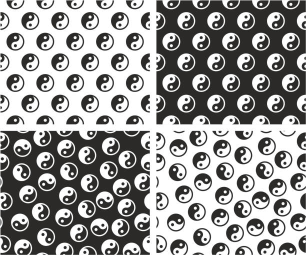 Jing Jang Sign Aligned & Random Seamless Pattern Color Set This image is a vector illustration and can be scaled to any size without loss of resolution. jing jang stock illustrations
