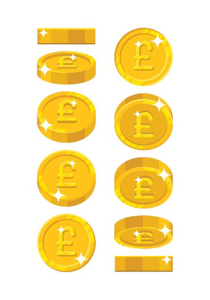 Gold pound views cartoon style isolated Gold pound views cartoon style isolated. The gold pound is at different angles around its axis for designers and illustrators. Rotation of a gold coin in the form of a vector illustration one pound coin stock illustrations
