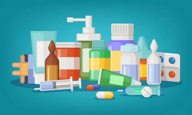 Vector illustration of Pharmaceutical vector illustration of medical bottles and pills