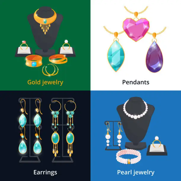 Vector illustration of Jewelry shop with different luxury accessories. Sapphire, diamond and golden bracelet