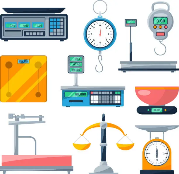 Vector illustration of Electronic, balance and other types of scales. Vector illustrations isolate