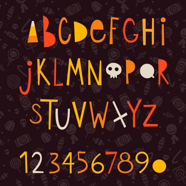 Halloween vector letters Set of colorful cartoonish vector letters and numbers for creating Halloween posters, cards and invitations. Includes seamless pattern made from white silhouettes of sweets and candies. candy corn stock illustrations