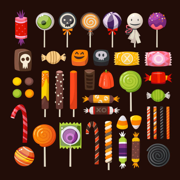 Set of Halloween candies Set of colorful Halloween sweets for children. Vector candies decorated with halloween elements and ornaments made in traditional october holiday colors. confectionery stock illustrations