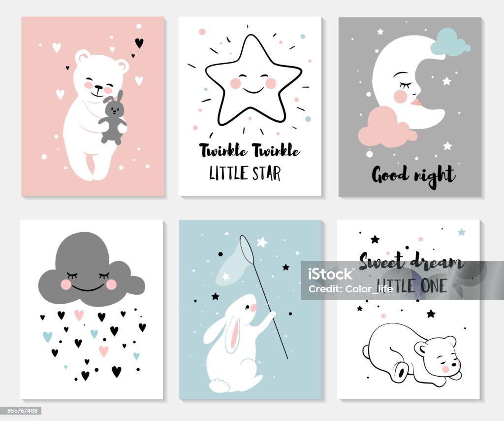 Little bear, rabbit, moon and star. Little bear, rabbit, moon and star, cute characters set, posters for baby room, greeting cards, kids and baby t-shirts and wear Baby - Human Age stock vector
