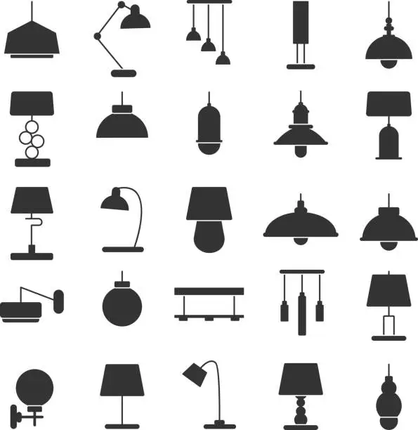 Vector illustration of Silhouette of modern interior equipment. Chandeliers, lamps on desk and floor. Black vector illustrations of symbols of light