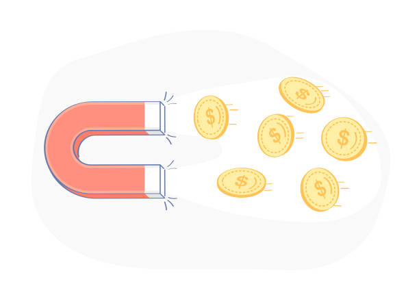 привлечение денег, концепция магнитных монет - magnet currency love at first sight gold stock illustrations