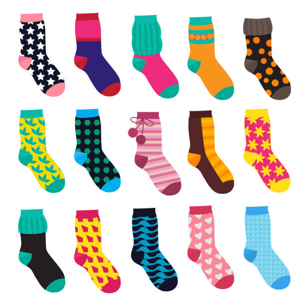 Socks in cartoon style. Elements of kids clothes. Vector illustrations isolate Socks in cartoon style. Elements of kids clothes. Vector illustrations isolate Kids sock warm with colored pattern sock stock illustrations
