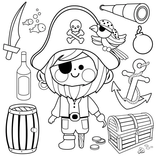 Vector illustration of Pirate captain vector set. Black and white coloring book page