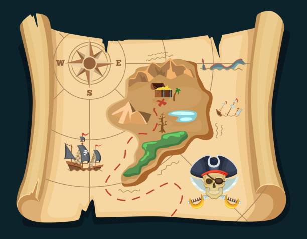 stara mapa skarbów dla pirackich przygód. wyspa ze starą klatką piersiową. ilustracja wektorowa - treasure map stock illustrations