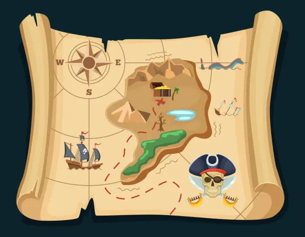 Vector illustration of Old treasure map for pirate adventures. Island with old chest. Vector illustration