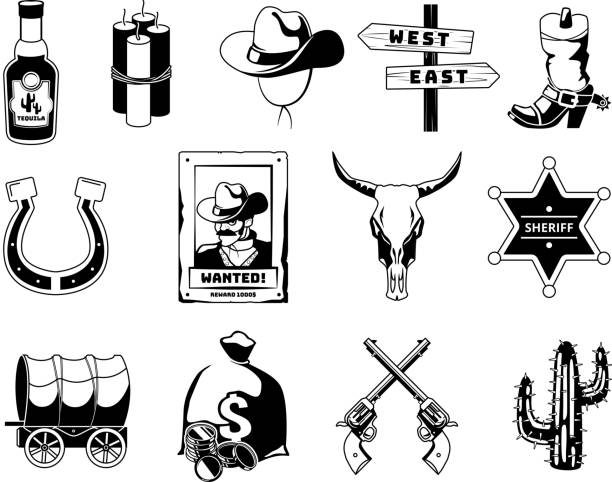Monochrome black illustrations. Theme of wild west. Cowboy, sheriff, guns and others icons Monochrome black illustrations. Theme of wild west. Cowboy, sheriff, guns and others icons. Sheriff star and revolver, tequila and money, wagon and cactus theme wild wild west stock illustrations