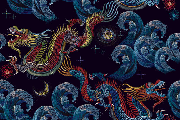 Embroidery chinese dragons and sea wave seamless pattern. Classical embroidery asian sea dragons and sea seamless pattern. Art dragons t-shirt design. Clothes, textile design template vector art illustration