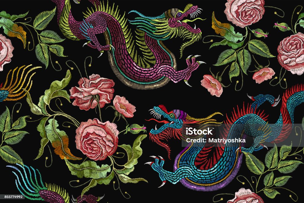 Embroidery chinese dragons and flowers peonies seamless pattern. Classical embroidery asian dragons and beautiful peonies seamless pattern. Art dragons t-shirt design. Clothes, textile design template Dragon stock vector