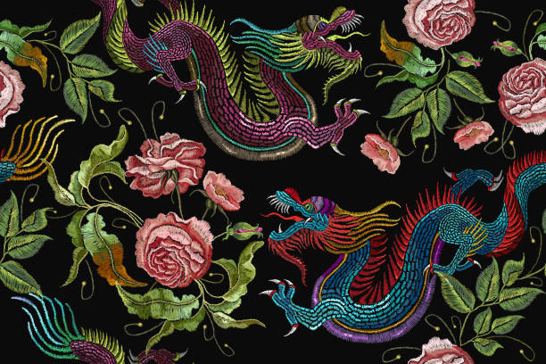 Embroidery chinese dragons and flowers peonies seamless pattern. Classical embroidery asian dragons and beautiful peonies seamless pattern. Art dragons t-shirt design. Clothes, textile design template vector art illustration