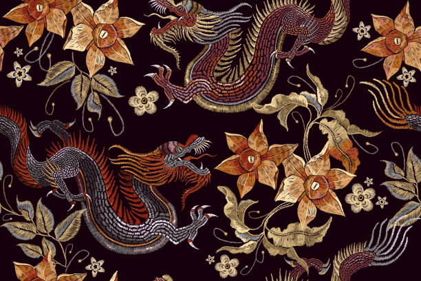 刺繍龍と花のシームレスなパターン。クラシック刺繍アジアの龍と美しいビンテージのシームレスなパターンを花します。中国龍ベクトル - fire power点のイラスト素材／クリップアート素材／マンガ素材／アイコン素材