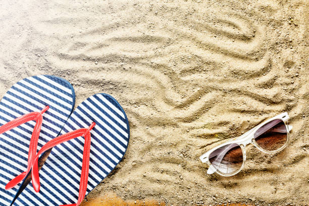istock Beach background. Beach slippers and sunglasses 855775454