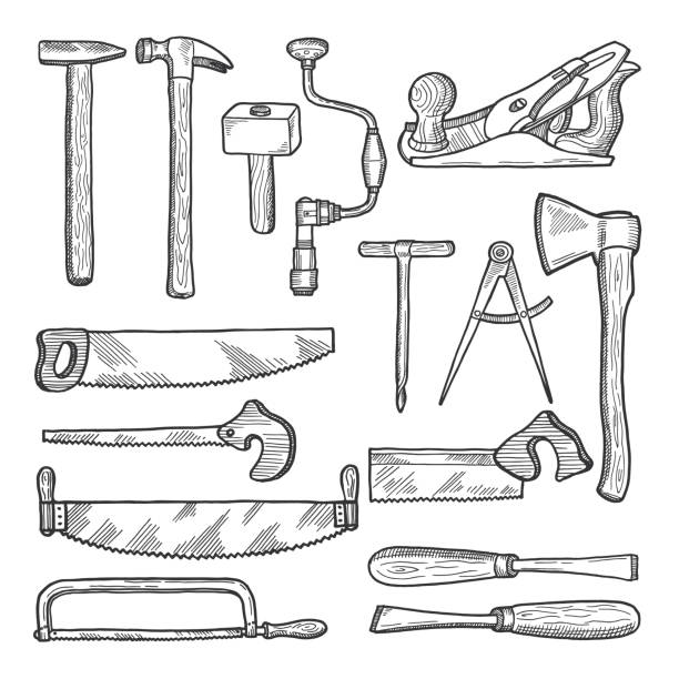 illustrazioni stock, clip art, cartoni animati e icone di tendenza di utensili in officina di carpenteria. illustrazione vettoriale disegnata a mano - wood axe