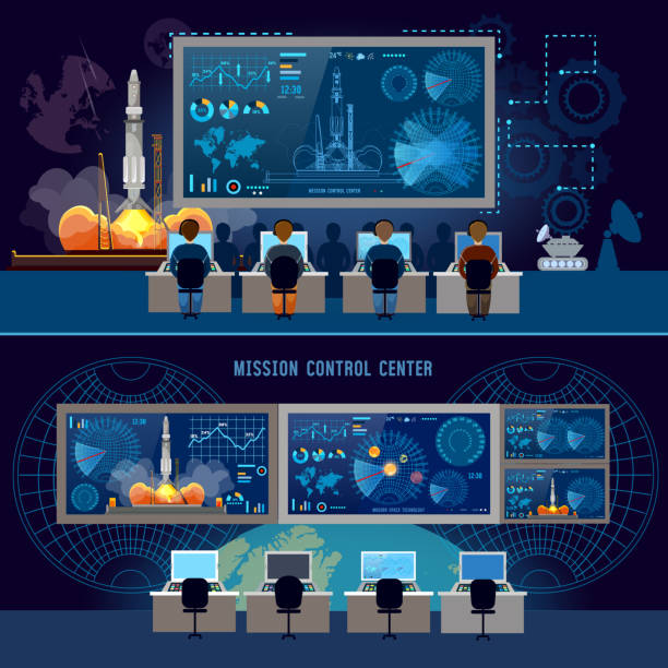Mission Control Center banner, start rocket in space. Modern space technologies, return report of start of rocket. Space shuttle taking off on mission, spaceport Mission Control Center banner, start rocket in space. Modern space technologies, return report of start of rocket. Space shuttle taking off on mission, spaceport control room stock illustrations