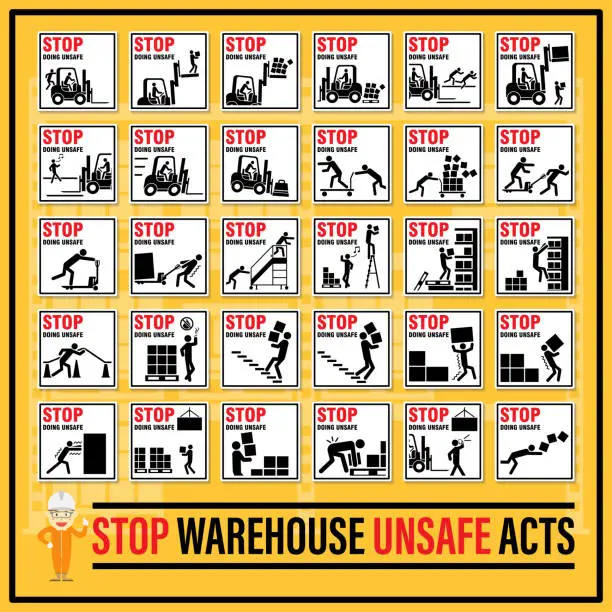 Vector illustration of Set of safety signs and symbols of warehouse unsafe acts, Stop doing unsafe act, Fault of the persons engaged in warehouse work.