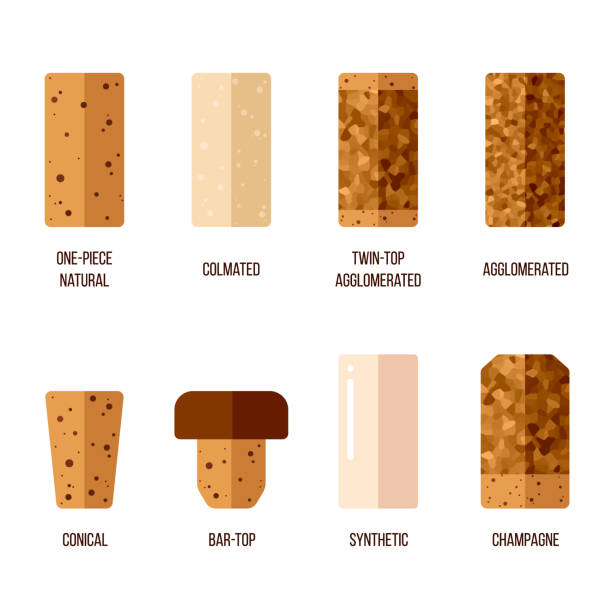 Cork stopper types Vector cork stoppers, different types and production technologies. Flat style. cork stopper stock illustrations