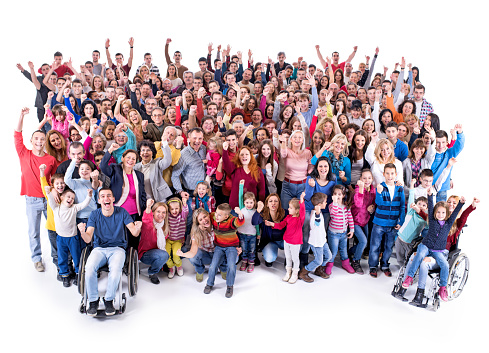 High angle view of happy crowd with their hands raised an looking at the camera. Two of them are in a wheelchair. Isolated on white.