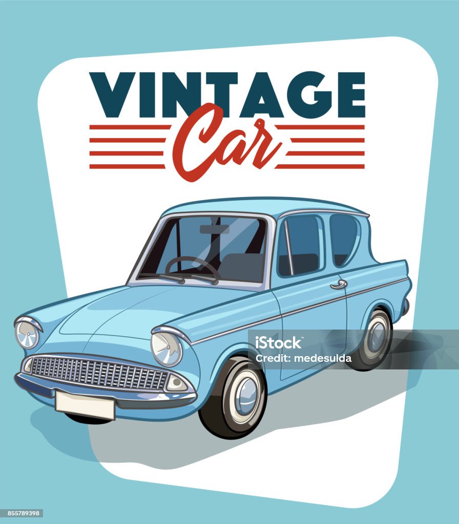 Retro Car Retro Blue Cartoon Car. Vintage Car stock vector