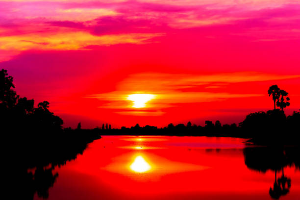 Beautiful sunset behind the pond. stock photo