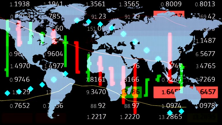 forex stock market chart ticker board and holographic earth map on background - new quality financial business animated dynamic motion video footage