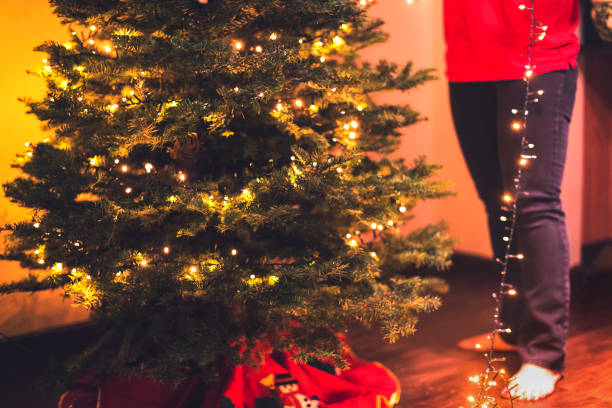 istock Christmas lights being put up on the tree 855799676