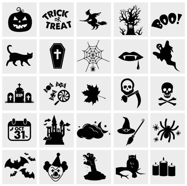 illustrazioni stock, clip art, cartoni animati e icone di tendenza di set di icone di halloween vector devices - bare tree immagine