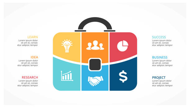 Vector briefcase infographic. Template for bag diagram, graph, presentation, round chart. Business professional portfolio with 6 options, parts, steps or processes. Travel and tourism concept Layout for your options or steps. Abstract template for background. новая компания stock illustrations