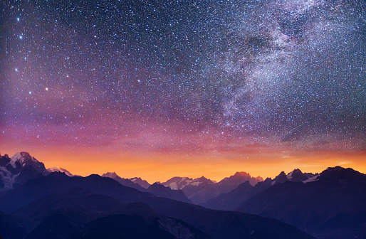 Fantastic starry sky. Thick fog on the mountain pass Goulet. Georgia, Svaneti. Europe. Caucasus mountains