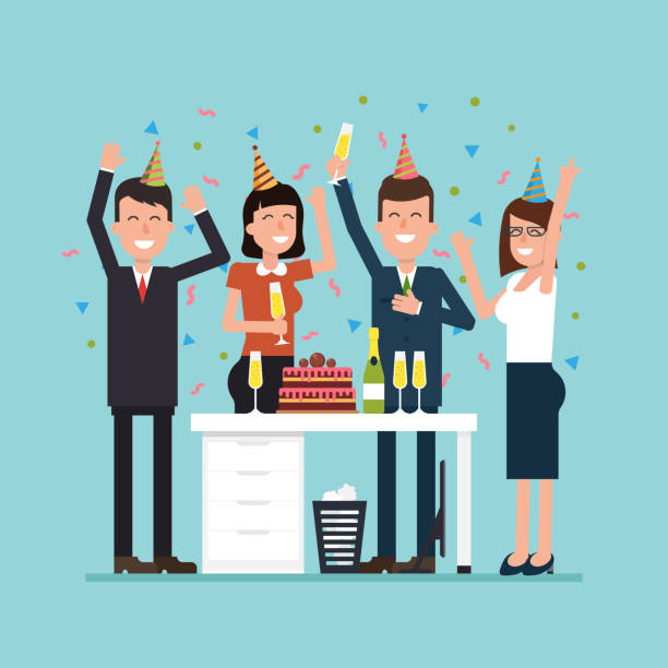 Office party with employees. Vector flat illustration with jubilant workers, confetti, cake, and champagne. Simple concept with the working situation. Office party with employees. Vector flat illustration with jubilant workers, confetti, cake, and champagne. Simple concept with the working situation. office parties stock illustrations