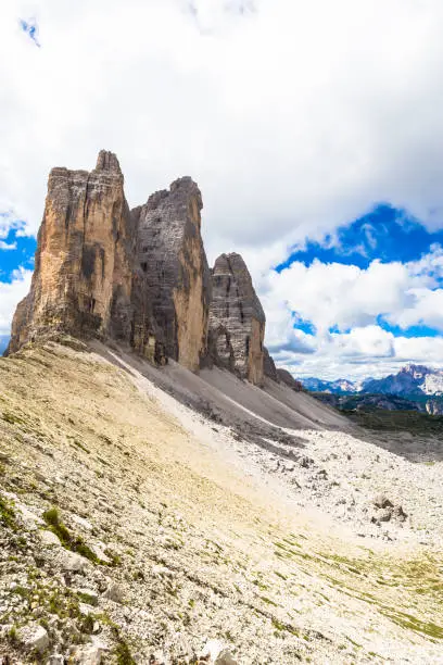 The three peaks, from left to right : Cima Piccola (2857 m), Cime Grande (2999 m), Cima Ovest (2973m).