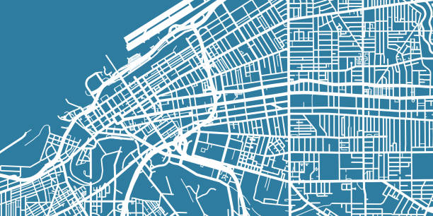 Detailed vector map of Cleveland, scale 1:30 000, USA One colour map of centre of Cleveland cleveland ohio stock illustrations