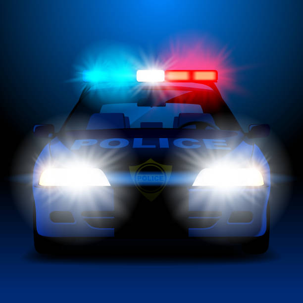 полицейская машина ночью с огнями в фронтальном виде - полицейская машина stock illustrations