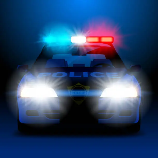 Vector illustration of Police car in night with lights in frontal view