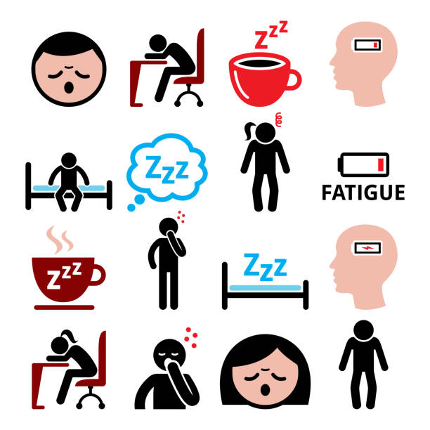 Fatigue vector icons set, tired, sressed or sleepy man and woman design Run-down mand and woman, sick people icons set isolated on white tired woman coffee stock illustrations